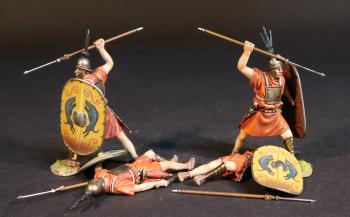 Image of Four Hastati (yellow shield), The Roman Army of the Mid Republic, Armies and Enemies of Ancient Rome--four figures (2 prone, dead; 2 standing ready to stab spear overhand) & four spears #53005