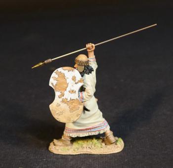 Image of Hittite Spearman, The Battle of Kadesh, 1274 BCE, New Kingdom Egyptians, The Ancients--single figure with white & tan shield and spear held overhead ready to stab overhand #53007