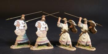 Image of Four Hittite Spearmen, The Battle of Kadesh, 1274 BCE, New Kingdom Egyptians, The Ancients--four figures with white & tan shields and spears held overhead ready to stab overhand #53008