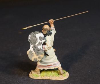 Image of Hittite Spearman, The Battle of Kadesh, 1274 BCE, New Kingdom Egyptians, The Ancients--single figure with white & black shield and spear held overhead ready to stab overhand #53009