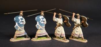 Image of Four Hittite Spearmen, The Battle of Kadesh, 1274 BCE, New Kingdom Egyptians, The Ancients--four figures with white & black shields and spears held overhead ready to stab overhand #53010
