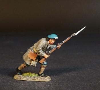 Image of Lowland Infantry (grey jacket, blue cap), The Jacobite Army, The Battle of Culloden, 16th April 1745, The Jacobite Rebellion, 1745--single figure advancing with bayonet fixed on musket #53011