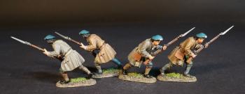Image of Four Lowland Infantrymen (two in brown jackets, two in grey jackets), The Jacobite Army, The Battle of Culloden, 16th April 1745, The Jacobite Rebellion, 1745--four figures advancing with bayonets fixed on muskets #53013