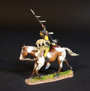 Image of Cheyenne Coyote Society Warrior, Cheyenne Warriors, The Fight When Roman Nose Was Killed, 17th -19th September 1868, The Black Hill Wars, 1876-1877, Thunder on the Plains--single mounted figure with feathered round tan & black shield and spear held high #53015