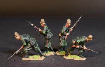 Image of Four Infantrymen (2 advancing crouched, looking left; 2 advancing slowly), 3rd Battalion 60th King's Royal Rifle Corps, The Eshowe Relief Column, The Battle of Gingindhlovu, 2nd April 1879, The Anglo Zulu War--four figures with bayonets affixed #53017