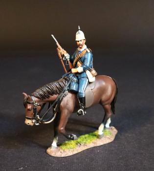 Image of Natal Carabinieers, Volunteers, Irregulars, and Auxiliaries, The Battle of Gingindhlovu, 2nd April 1879, The Anglo Zulu War--single mounted figure, reins in left hand, carbine resting upright in right hand #53020