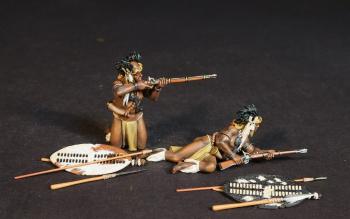 Two Zulu Warriors with Muskets, The inGobamakhosi Regiment, The Zulu Impi, Battle of Gingindhlovu, 2nd April 1879--two figures (kneeling firing; lying on side readying) with shields & spears #53022