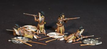 Image of Four Zulu Warriors with Muskets, The inGobamakhosi Regiment, The Zulu Impi, Battle of Gingindhlovu, 2nd April 1879--four figures (2 kneeling firing; 2 lying on side readying) with shields & spears #53023