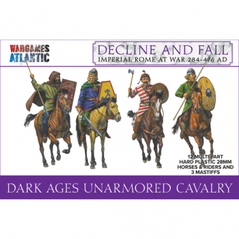 28mm Dark Ages Unarmored Cavalry, Decline & Fall:  Imperial Rome at War, 284-476 CE--12 unpainted multi-part plastic horse and rider figures and 3 mastiff figures #53046
