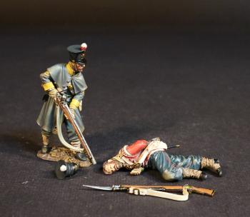 Two Infantrymen (#2, # 15), The 44th (East Essex) Regiment of Foot, The Last Stand at Gandamak, 13th January 1842--two figures (in cape standing,gun pointed down; lying on side dead), gun, hat #53097