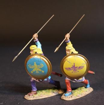 2 Kardake Light Infantrymen in Yellow Caps (yellow & purple tunic, yellow shield; lt. blue & purple tunic, lt. blue shield), The Achaemenid Persian Empire, Armies and Enemies of Ancient Greece & Macedonia--2 figures advancing ready to spear downward #53098