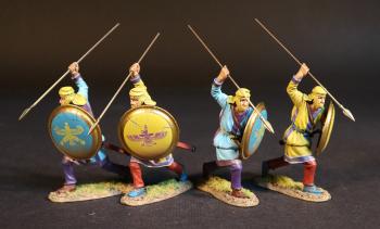 4 Kardake Light Infantrymen in Yellow Caps (2 yellow & purple tunic, yellow shield; 2 lt. blue & purple tunic, lt. blue shield), The Achaemenid Persian Empire, Armies and Enemies of Ancient Greece & Macedonia--4 figures advancing ready to spear downward #53099