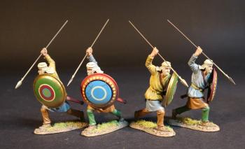 4 Kardake Light Infantrymen (White Caps) w/bullseye shields (2 yellow tunic, green/red shield; 2 grey tunic, blue/white shield), The Achaemenid Persian Empire, Armies and Enemies of Ancient Greece & Macedonia--4 figures advancing ready to spear downward #53101