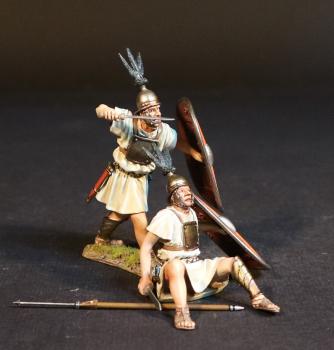 Two Hastati (red shield), The Roman Army of the Mid Republic, Armies and Enemies of Ancient Rome--two figures (advancing, ready to stab with gladius; seated holding gladius) & pila #53102