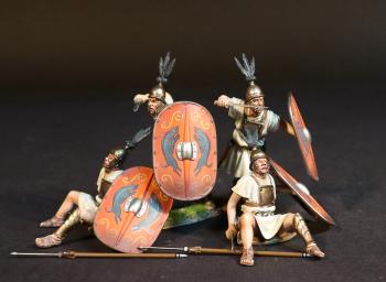 Image of Four Hastati (red shield), The Roman Army of the Mid Republic, Armies and Enemies of Ancient Rome--four figures (2 advancing, ready to stab with gladius; 2 seated holding gladius) & pila #53103