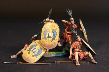 Image of Four Hastati (yellow shield), The Roman Army of the Mid Republic, Armies and Enemies of Ancient Rome--four figures (2 advancing, ready to stab with gladius; 2 seated holding gladius) & pila #53105