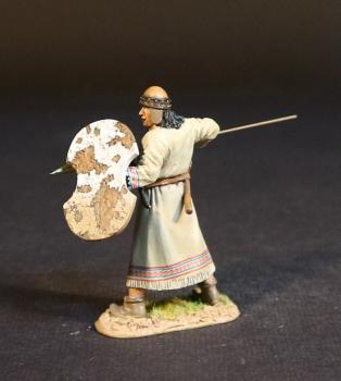 Image of Hittite Spearman, The Battle of Kadesh, 1274 BCE, New Kingdom Egyptians, The Ancients--single figure with white & tan shield and spear held level at chest height #53106