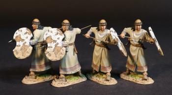 Image of Four Hittite Spearmen, The Battle of Kadesh, 1274 BCE, New Kingdom Egyptians, The Ancients--four figures with white & tan shields and spears held level at chest height #53107