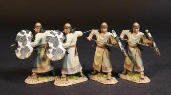 Image of Four Hittite Spearmen, The Battle of Kadesh, 1274 BCE, New Kingdom Egyptians, The Ancients--four figures with white & black shields and spears held level at chest height #53109