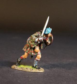 Image of Highlander (red & green plaid jacket and kilt), The Jacobite Army, The Battle of Culloden, 16th April 1745, The Jacobite Rebellion, 1745--single figure advancing crouched behind dirk & buckler, broadsword in right hand #53110