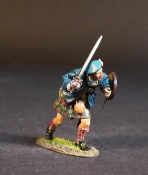 Image of Highlander (blue jacket and black & green plaid kilt), The Jacobite Army, The Battle of Culloden, 16th April 1745, The Jacobite Rebellion, 1745--single figure advancing crouched behind dirk & buckler, broadsword in right hand #53111