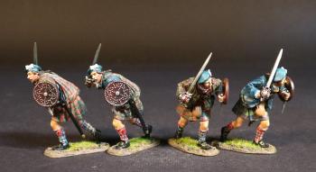 Image of Four Highlanders (2 blue jacket and black & green plaid kilt; 2 in red & green plaid), The Jacobite Army, The Battle of Culloden, 16th April 1745, The Jacobite Rebellion, 1745--four figures advancing crouched behind dirk & buckler, broadsword (right hand) #53112