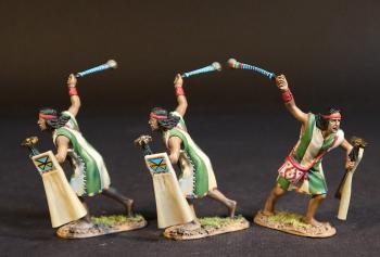 Three Inca Slingers (tunics with wide green & tan horizontal stripes), The Inca Empire, The Conquest of America--three figures with slings mid-swing and readied maces #53114