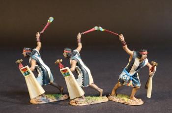 Image of Three Inca Slingers (tunics with wide black & tan horizontal stripes), The Inca Empire, The Conquest of America--three figures with slings mid-swing and readied maces #53116