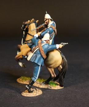 Image of Natal Carabinieers, Volunteers, Irregulars, and Auxiliaries, The Battle of Gingindhlovu, 2nd April 1879, The Anglo Zulu War--two figures and horse (mounted, firing carbine; climbing onto horse, firing pistol)  #53120