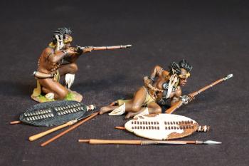 Two Zulu Warriors with Muskets, The inGobamakhosi Regiment, The Zulu Impi, Battle of Gingindhlovu, 2nd April 1879--two figures (kneeling firing; lying on side reaching for powder horn) with shields & spears #53121
