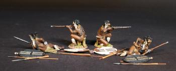 Image of Four Zulu Warriors with Muskets, The inGobamakhosi Regiment, The Zulu Impi, Battle of Gingindhlovu, 2nd April 1879--four figures (2 kneeling firing; 2 lying on side reaching for powder horn) with shields & spears #53122