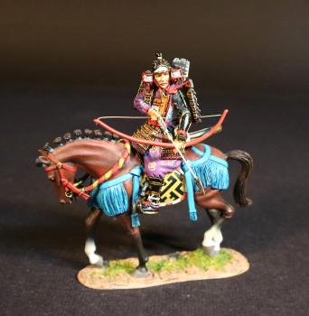 Image of Taira no Munemori, Taira Clan, The Gempei War, 1180-1185--single mounted figure arrow nocked on bow leaning on lap #53123