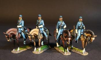 Image of Four Cavalry Troopers, Union Cavalry Corps, The Army of the Potomac, The Battle of Brandy Station, June 9th, 1863, ACW, 1861-1865--four mounted figures on walking horses (tan, red-brown, dark brown, light brown) #53126