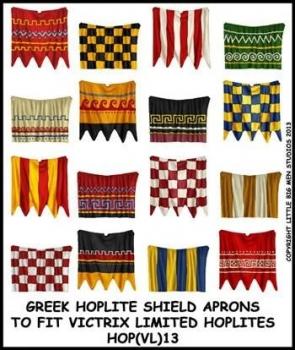 Greek Hoplite shield aprons Designs 13--28mm Greek Hoplite shield apron designs to fit Victrix Ltd. miniatures--Special Order:  Takes 2 to 3 weeks #53136