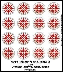 Greek Hoplite Shield Designs 12--28mm Greek Hoplite shield designs to fit Victrix Ltd. miniatures--Special Order:  Takes 2 to 3 weeks #53138