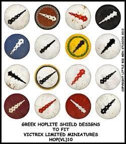 Greek Hoplite Shield Designs 10--28mm Greek Hoplite shield designs to fit Victrix Ltd. miniatures--Special Order:  Takes 2 to 3 weeks #53139