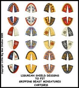 Ligurian Shield Designs to Fit Gripping Beast Miniatures--twelve 28mm Carthaginian shield transfers--Special Order:  Takes 2 to 3 weeks #53159