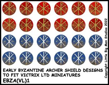 Early Byzantine Archer Shield Designs to Fit Victrix Ltd. Miniatures #1--twenty-four 28mm shield transfers for Victrix Late Roman Archers miniatures--Special Order:  Takes 2 to 3 weeks #53160