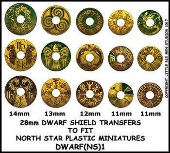 28mm Dwarf Shield Transfers to Fit North Star Plastic Miniatures #1--fifteen 28mm Dwarf shield transfers for North Star Oathmark Fantasy Dwarves--Special Order:  Takes 2 to 3 weeks #53162