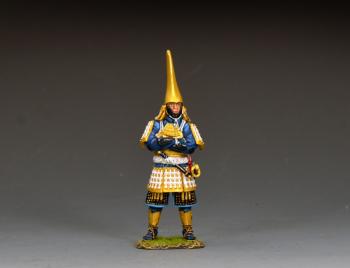 Maeda Toshiie--single standing samurai figure wearing tall gold helmet #53351