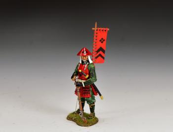 'Ashigaru Arquebusier On Guard' (Eastern Army)--single standing figure in red amor and green clothing with sashimono #53356