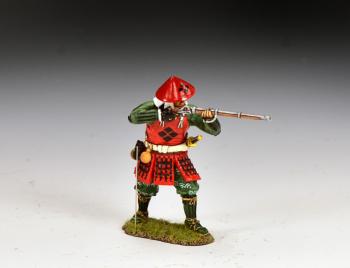 'Ashigaru Arquebusier Advancing & Firing' (Eastern Army)--single standing figure in red amor and green clothing #53358