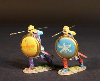 Two Kardake Light Infantrymen in Yellow Caps (yellow & purple tunic, lt. blue shield; lt. blue & purple tunic, yellow shield), The Achaemenid Persian Empire--two figures advancing ready to spear at shoulder height #53413