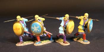 Image of Four Kardake Light Infantrymen in Yellow Caps (2 yellow & purple tunic, lt. blue shield; 2 lt. blue & purple tunic, yellow shield), The Achaemenid Persian Empire--four figures advancing ready to spear at shoulder height #53414