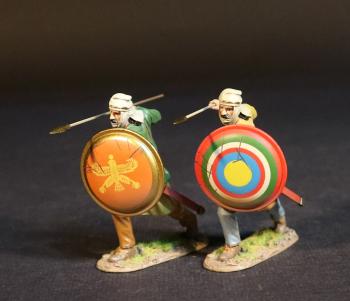 Two Kardake Light Infantrymen in White Caps (green tunic, orange shield; yellow tunic, bullseye-pattern shield), The Achaemenid Persian Empire--two figures advancing ready to spear at shoulder height #53415