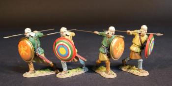 Image of Four Kardake Light Infantrymen in White Caps (2 green tunic, orange shield; 2 yellow tunic, bullseye-pattern shield), The Achaemenid Persian Empire--four figures advancing ready to spear at shoulder height #53416