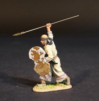 Image of Hittite Spearman, The Battle of Kadesh, 1274 BCE--single advancing figure with white & tan shield and spear held ready to thrust at head height #53417