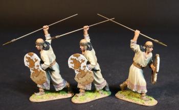 Image of Three Hittite Spearmen, The Battle of Kadesh, 1274 BCE--three advancing figures with white & tan shields and spears held ready to thrust at head height #53418