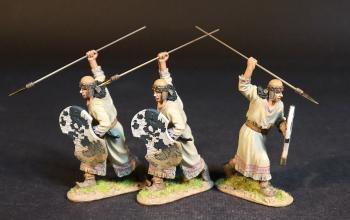 Image of Three Hittite Spearmen, The Battle of Kadesh, 1274 BCE--three advancing figures with white & black shields and spears held ready to thrust at head height #53420