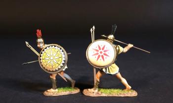 Two Samnite Warriors (yellow tunics), The Samnites, Armies and Enemies of Ancient Rome--two figures with 2 javelins in left (white shield, red star throwing javelin; decorated shield, javelin at hip height) #53421
